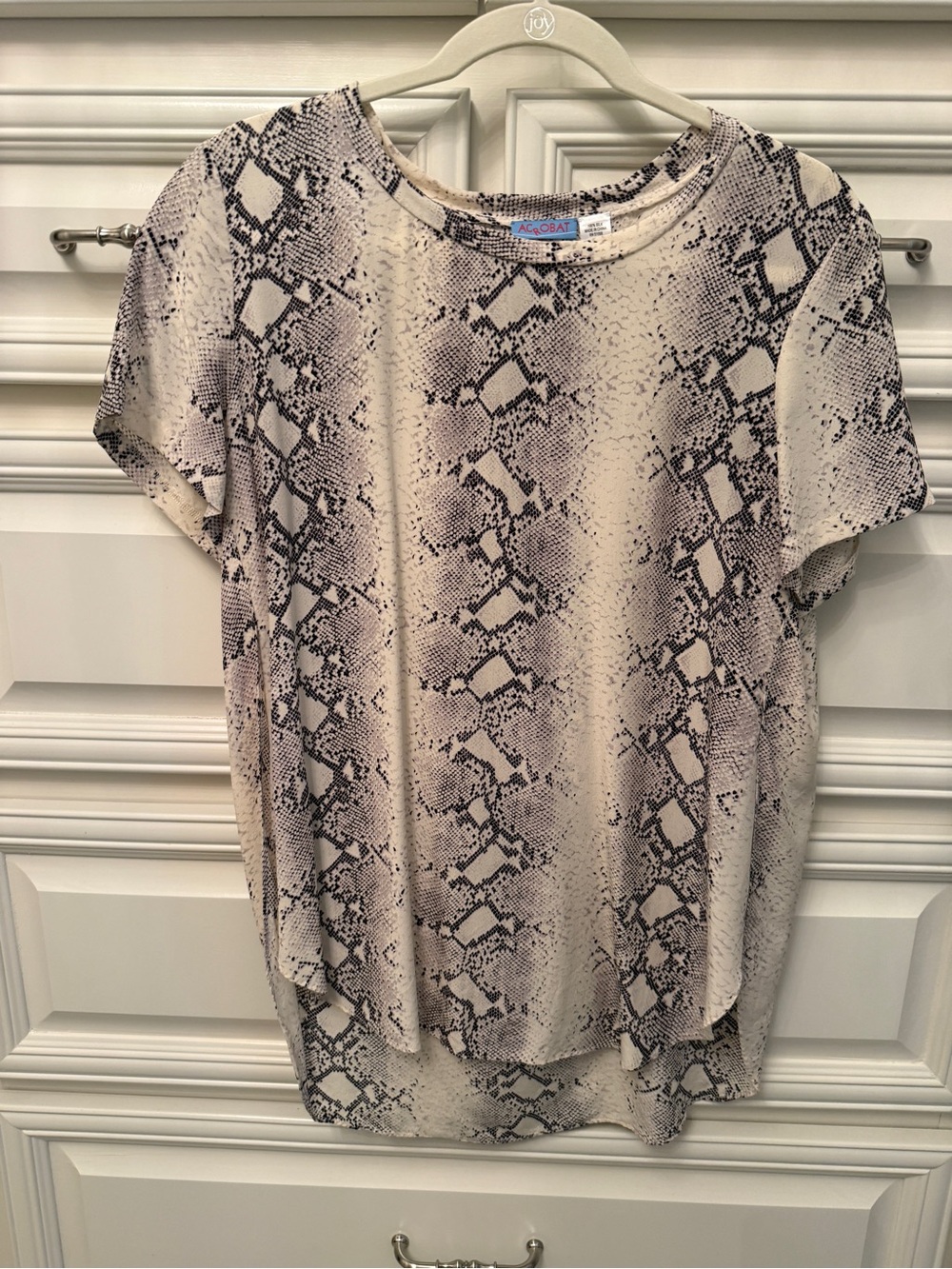 Acrobat Beige and Black Snake Print Short Sleeve Silk Blouse